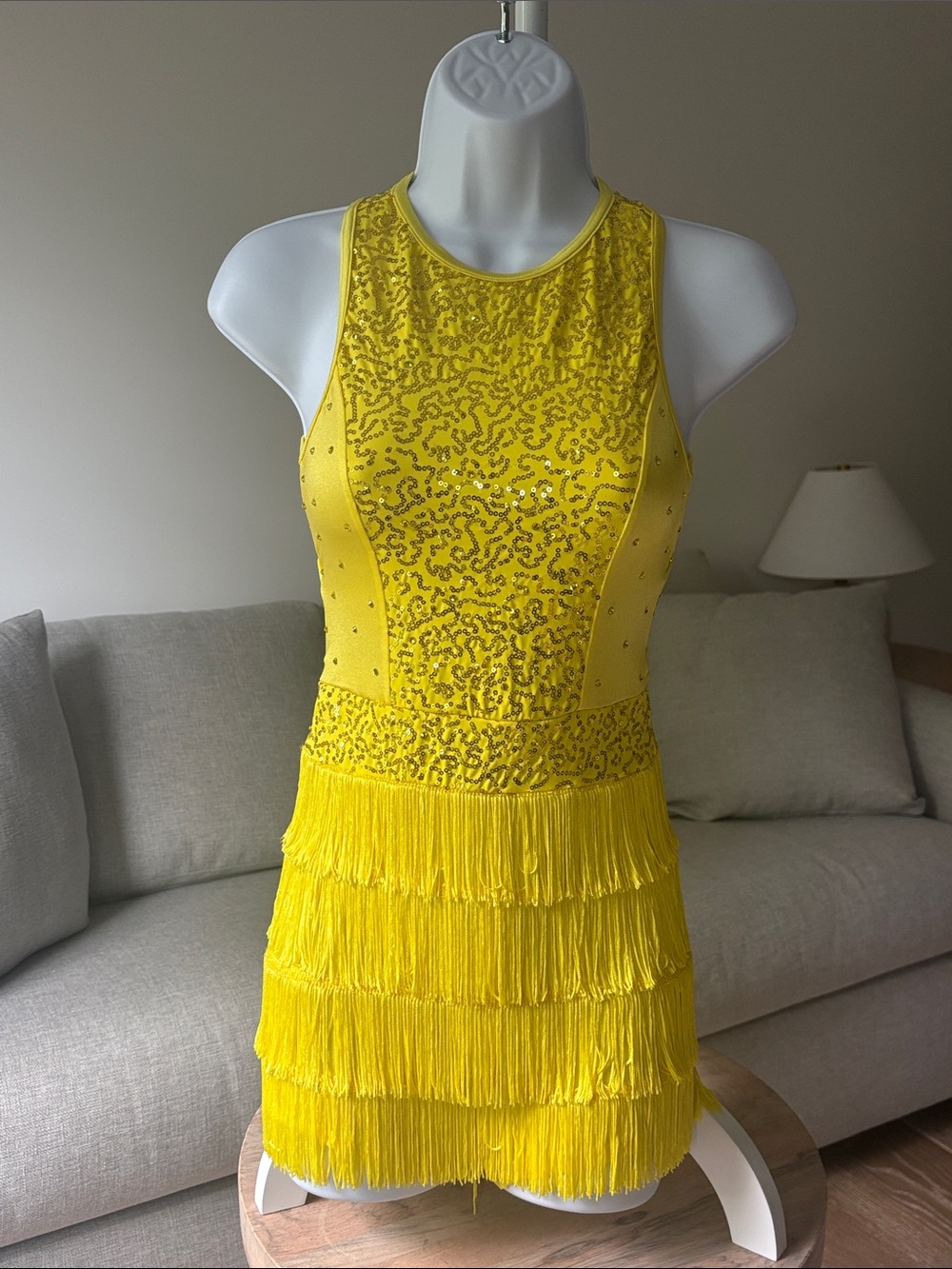 Yellow Fringe Sequin Sleeveless Girls Dance Costume Dress